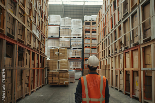 Middle age asia storage warehouse worker working in the background a large goods storage warehouse