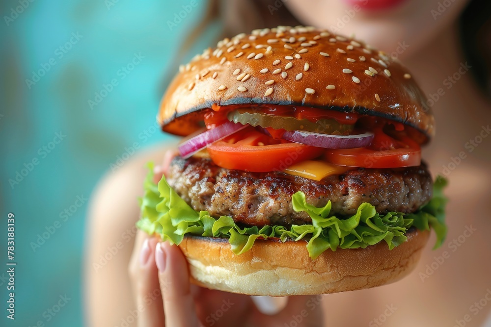 A delicious cheeseburger with fresh lettuce, tomato, onions, and cheese held by a blurred person against a soft background A delicious cheeseburger with fresh lettuce, tomato, onions, and cheese held by a blurred person against a soft background