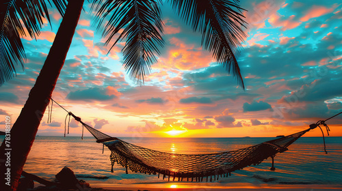 Silhouette of a hammock between palm trees at sunset on a beach © bmf-foto.de