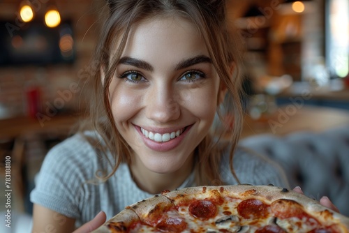 Gorgeous woman with green eyes smiling while holding a slice of pizza at a restaurant