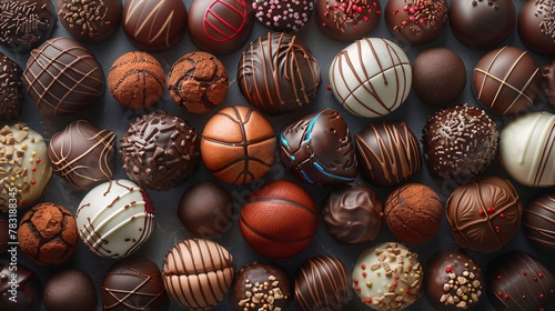 A variety of chocolate basketballs, some wrapped in colorful foil and others with sprinkles, are displayed in a rectangular container. photo