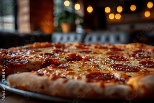 A sumptuous whole pepperoni pizza positioned perfectly on a rustic wooden table photo