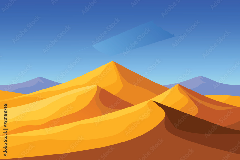 Big 3d realistic background of sand dunes. Desert landscape with blue sky vector design