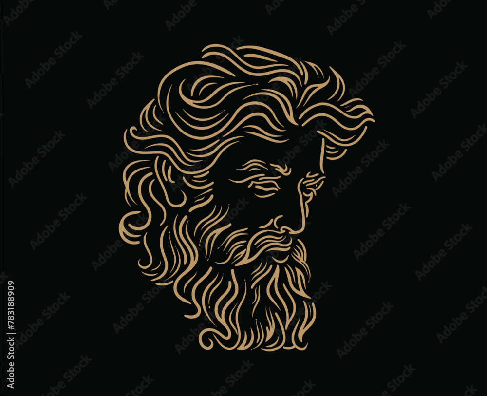An gold ancient Greek man with curly hair and a beard