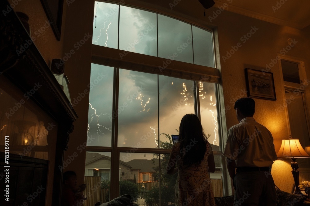 Family Observing Majestic Thunderstorm from Home at Dusk