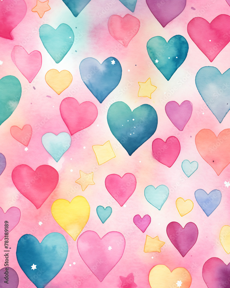 Watercolor Hearts and Stars on Gradient Background