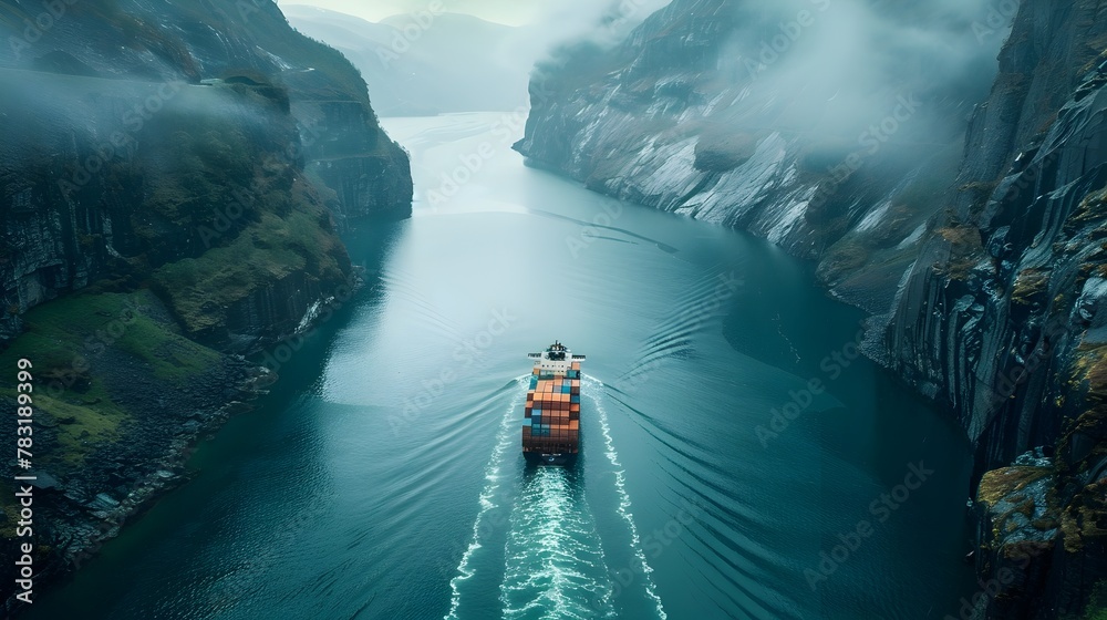 Cargo Ship Navigating Treacherous Fjord Surrounded by Majestic Mountains and Mist-Shrouded Cliffs