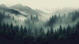 Misty landscape with fir forest in vintage retro style, Super Realistic illustration