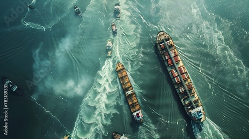 Aerial View of Bustling Cargo Ship Entering Port with Tugboat Assistance Showcasing Coordination in Shipping photo
