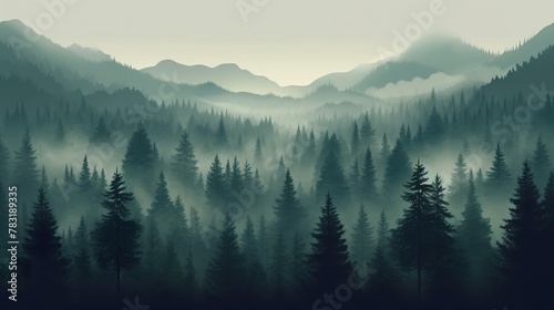 Misty landscape with fir forest in vintage retro style  Super Realistic illustration