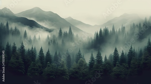 Misty landscape with fir forest in vintage retro style, Super Realistic illustration