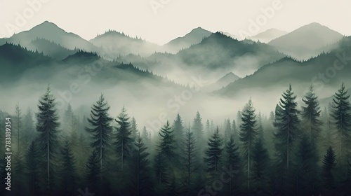 Misty landscape with fir forest in vintage retro style, Super Realistic illustration