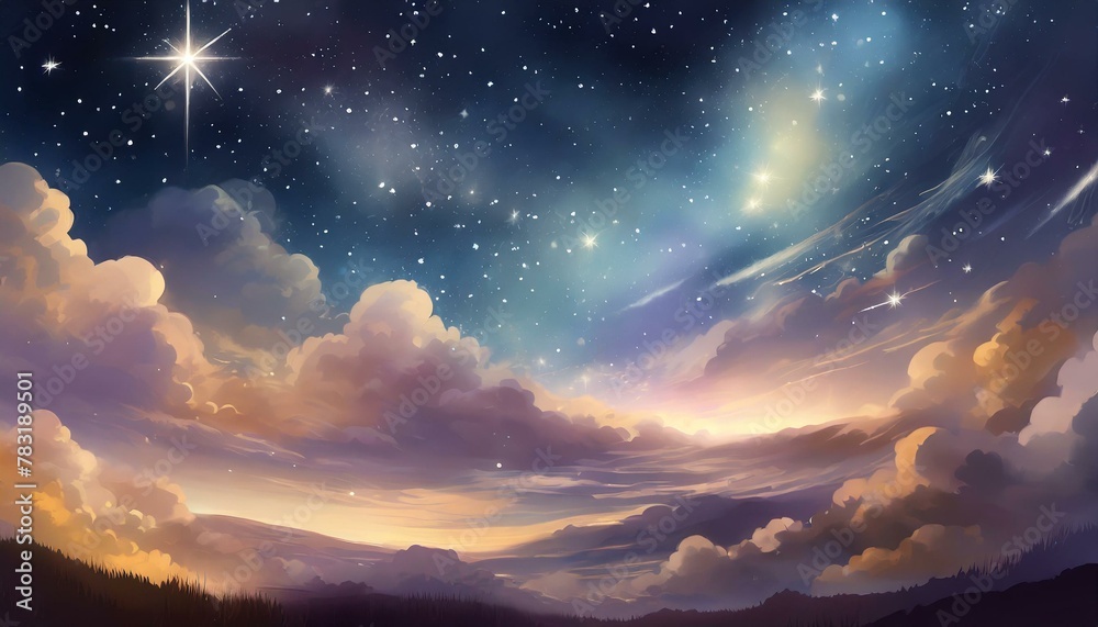 A dream-like starry sky, with light shining from the sky in a fantastic and beautiful atmosphere. The clouds are light