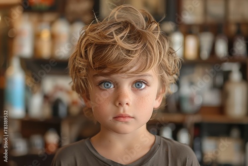 A portrait of a young boy with blue eyes and freckles looks on curiously in a cozy shop