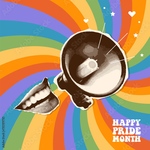 Smiling mouth with Loudspeaker on lgbt radial sunburst rainbow background. Halftone collage megaphone announcing pride month holiday celebration against violence, human rights violation. Vector