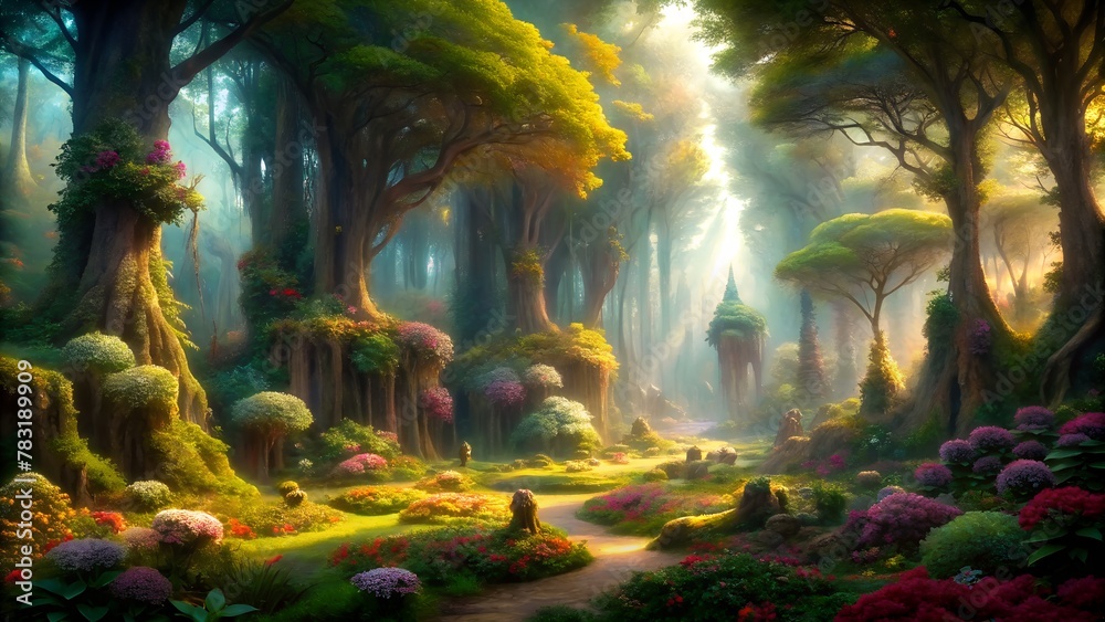 Fototapeta premium Digital Painting of Enchanted Forest, Overflowing with Towering Trees and Verdant Foliage.