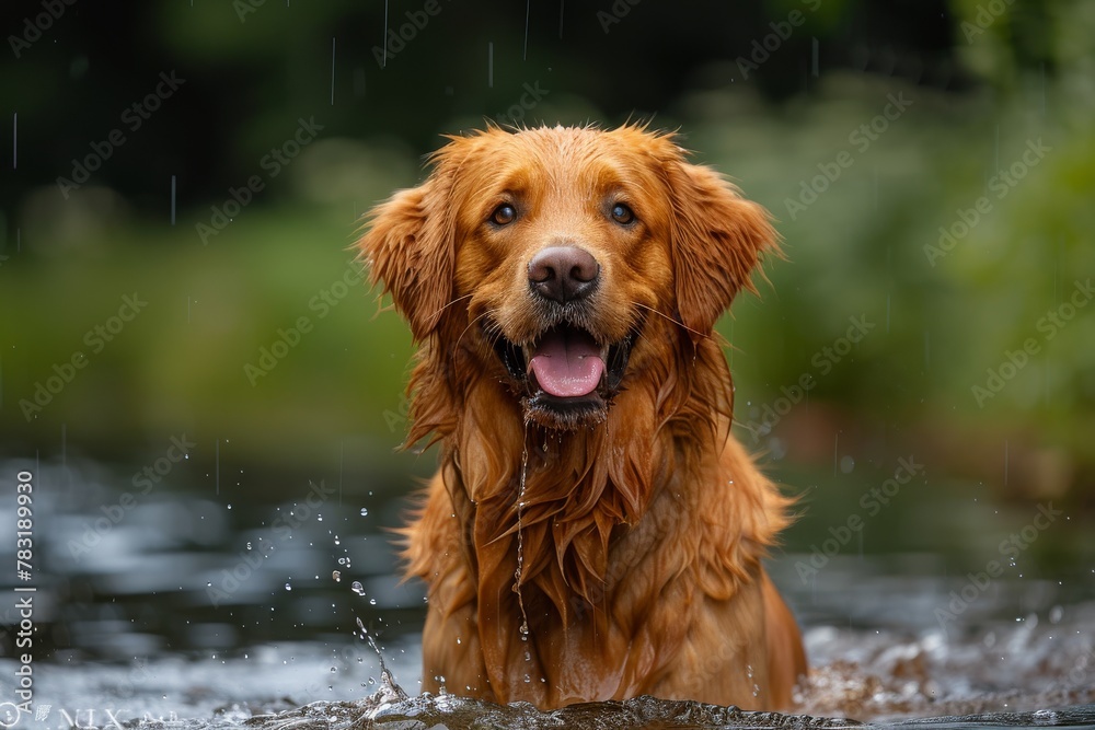A joyful Golden Retriever in the rain with water droplets bouncing off, showcasing the concept of happiness and playfulness in pets