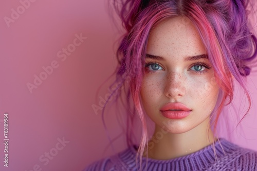 A young model with bold pink hair exudes confidence through her captivating gaze against a pink background