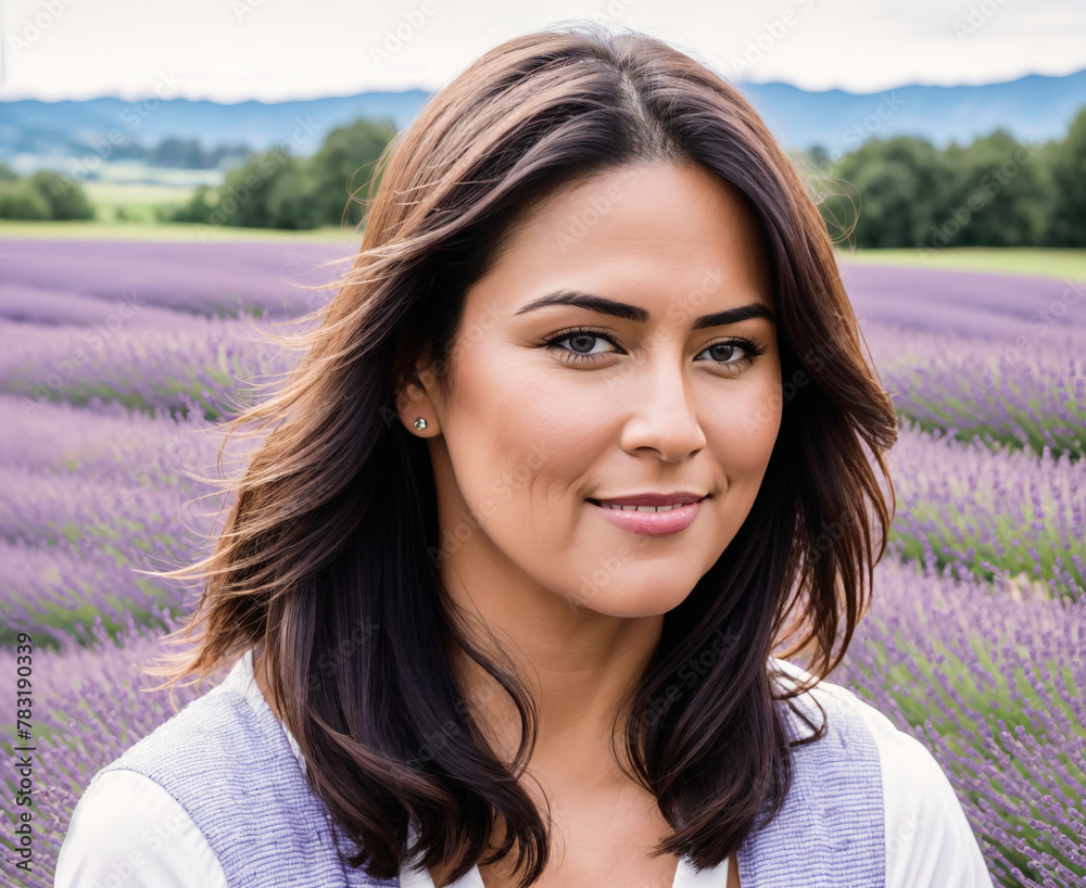 A woman standing in a field of lavender, smiling and looking directly at the camera. A woman standing in a field of lavender, smiling and looking directly at the camera.