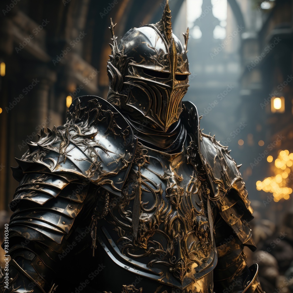 Knight in armor. Medieval warrior in metal armor, helmet and sword. Knight in rich steel armor. Realistic illustration of a warrior knight in a castle. Strong warrior. Knight in armor. Medieval warrior in metal armor, helmet and sword. Knight in rich steel armor. Realistic illustration of a warrior knight in a castle. Strong warrior.