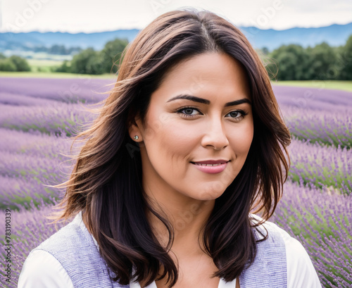A woman standing in a field of lavender, smiling and looking directly at the camera.
