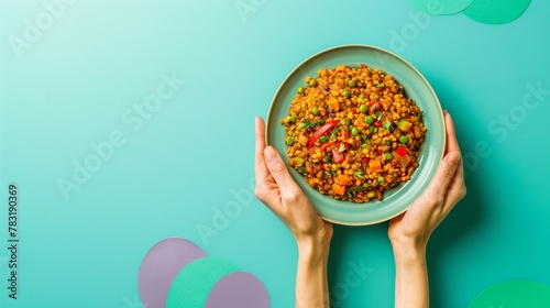 Colorful lentil curry in hands showcasing Holi festival flavors on a teal background, ideal for festive food concepts and product design