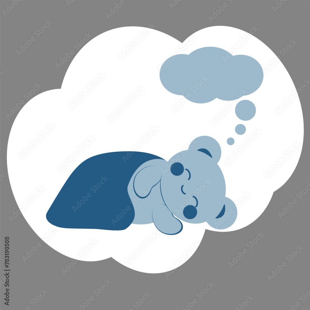 Cute blue teddy bear in kawaii style sleeps under a blanket. Cloud with copy space. Minimalistic card with a gray background. Cute blue teddy bear in kawaii style sleeps under a blanket. Cloud with copy space. Minimalistic card with a gray background.