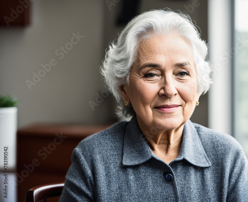 An older woman sitting at a desk in an office.