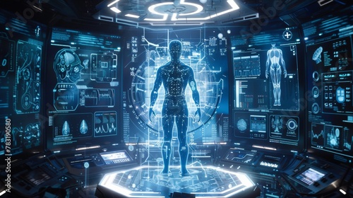 Futuristic Medical Examination Room with Interactive Holographic Display and Male Figure