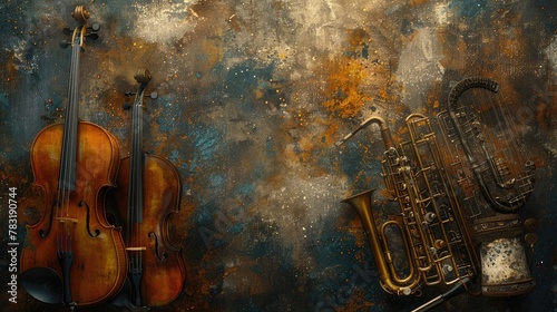 banner background National Cherish An Antique Day theme, and wide copy space, Abstract representation of antique musical instruments intertwining in a harmonious melody of shapes and line