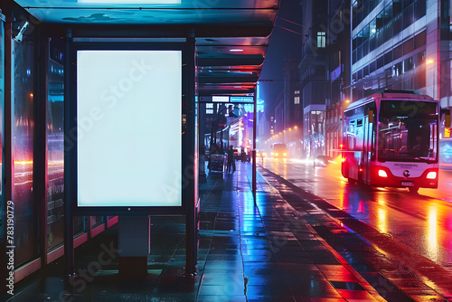Urban Canvas: Blank White Billboard at Bus Stop for Nighttime City Advertising