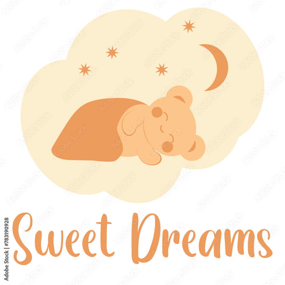 Cute little bear in kawaii style sleeps under a blanket against the background of stars and the moon. Minimalist card with sweet dreams inscription.