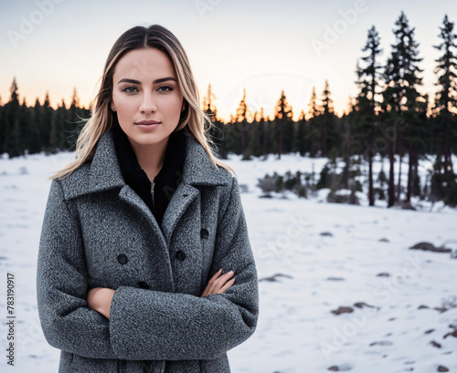 A woman standing in the snow wearing a gray coat and gloves. photo