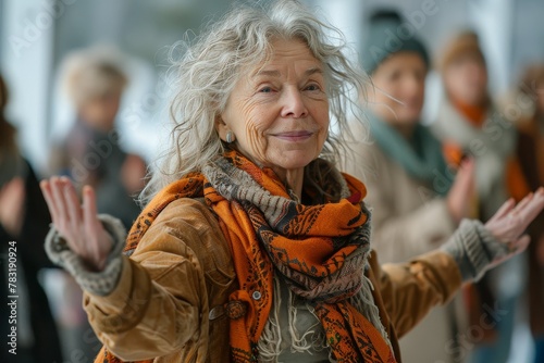 Joyful senior lady with arms spread and a bright orange scarf, imparting happiness and vitality