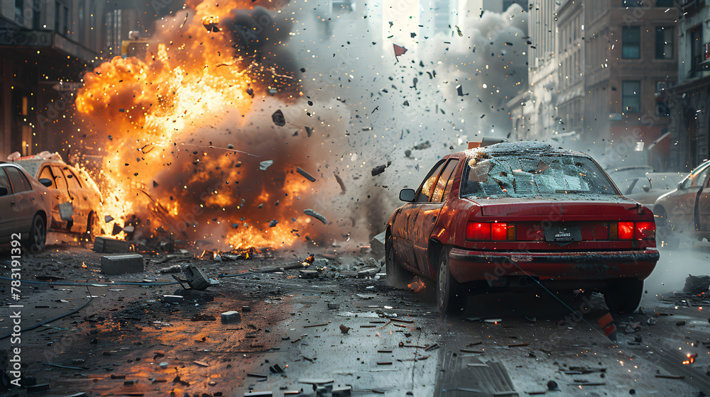 Urban Catastrophe: Vehicle Explosion and Chaos on City Street Urban Catastrophe: Vehicle Explosion and Chaos on City Street