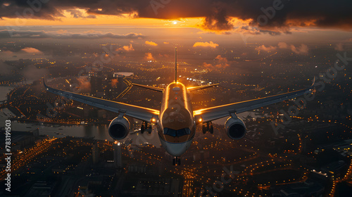 Dawn of Travel: Jet Airliner Ascending above City Lights at Sunrise photo