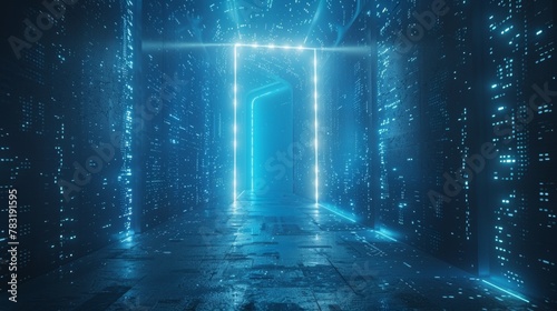 Abstract door in tunnel with digital data center light signals. Future computer technology concept of cyber gate in cyberspace or metaverse. Fantasy cyber door or portal in data center.