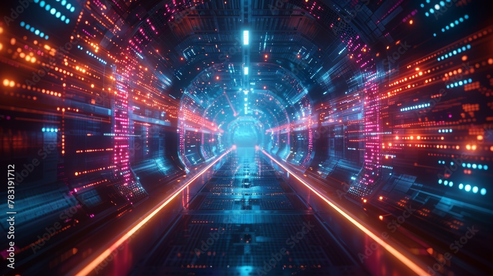 Abstract door in tunnel with digital data center light signals. Future computer technology concept of cyber gate in cyberspace or metaverse. Fantasy cyber door or portal in data center. Abstract door in tunnel with digital data center light signals. Future computer technology concept of cyber gate in cyberspace or metaverse. Fantasy cyber door or portal in data center.