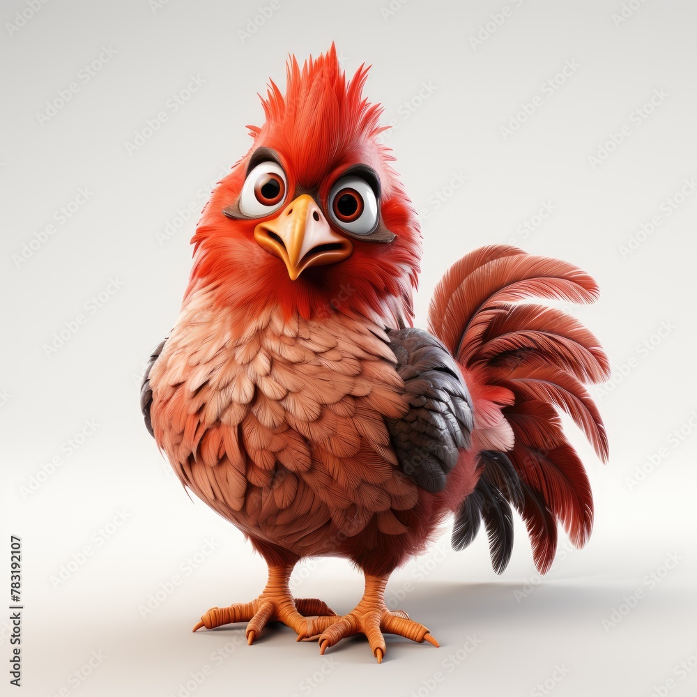 
Cheerful red bird rooster cartoon character 3d illustration for children. Cute rooster print on clothes, stationery, books, goods. 3D rooster. Isolate rooster, bird, parrot, chicken.