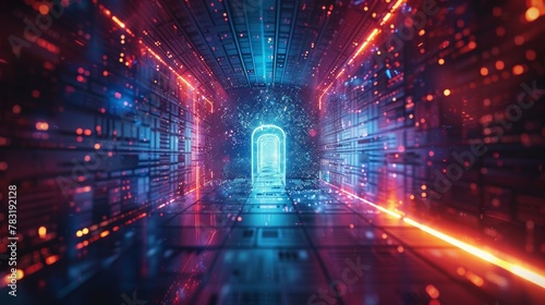 Abstract door in tunnel with digital data center light signals. Future computer technology concept of cyber gate in cyberspace or metaverse. Fantasy cyber door or portal in data center.