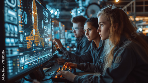 Female Engineer uses Computer to Analyse Satellite, Calculate Orbital Trajectory Tracking. Aerospace Agency International Space Mission: Scientists Working on Spacecraft Construction. photo