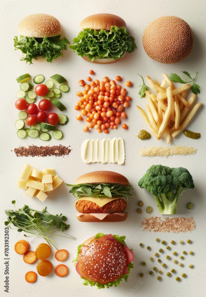 © Ryzhkov - Deconstructed Hamburger Ingredients Arranged Creatively on White Background © Ryzhkov - Deconstructed Hamburger Ingredients Arranged Creatively on White Background