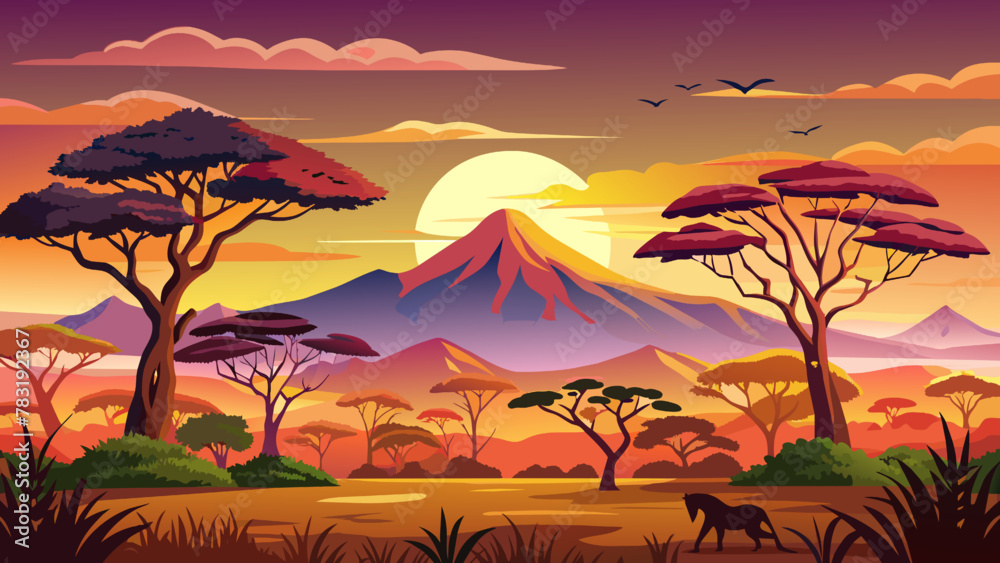 African savanna landscape at sunset. Wild animals, trees and mountains. Vector illustration