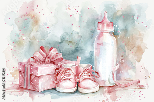 Watercolour baby bottle, pair of baby shoes and present, greeting card design, light pastel pink colours, white background,