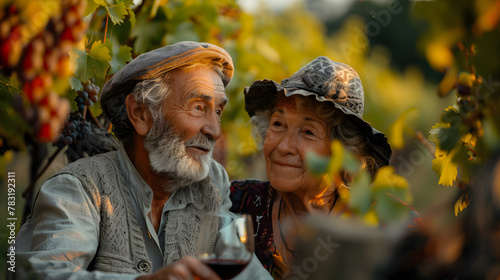 Elderly Couple Enjoying Wine in Vineyard