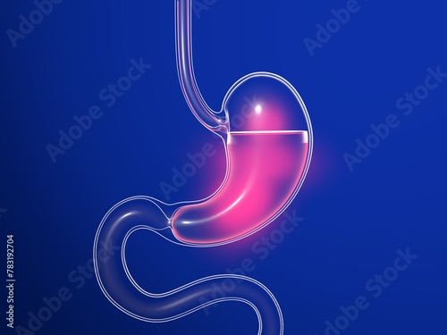 3D illustration of stomach with burning. Anatomical cut of transparent glass with lights and reflections on a dark blue background.
