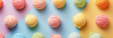 Assorted colorful ice cream scoops on pink, yellow, blue background banner. Panoramic web header. Wide screen wallpaper