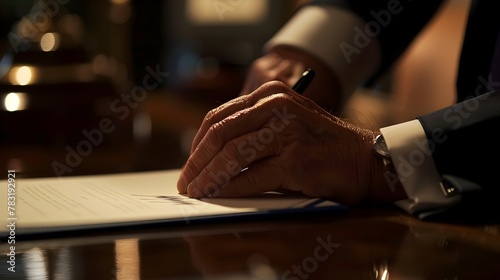 Focused Hand Signing Important Official Document with Pen in Intimate Setting