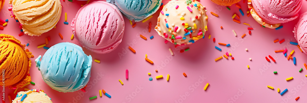 Assorted colorful ice cream scoops on pink background banner. Panoramic web header. Wide screen wallpaper
