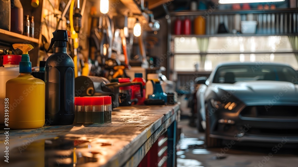 Obraz premium Organized Garage Workspace with Variety of Car Care Products and Tools for DIY Maintenance and Repair